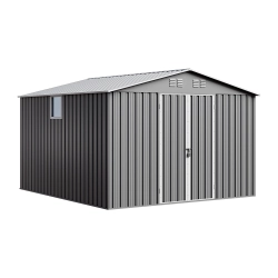 Căsuță metalică de grădină pentru unelte NORDVIC Thor 283x313 cm - uși batante, Zincată, Acoperiș în două ape, Ventilație, Light Grey