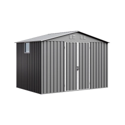Căsuță metalică pentru unelte NORDVIC Thor 283x189 cm - uși batante, galvanizată, acoperiș în două ape, ventilație, Light Grey