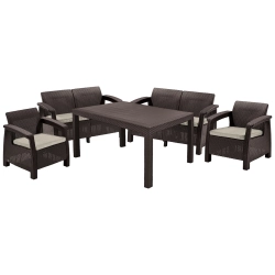 Set de mobilier de grădină Corfu Fiesta pentru 6 persoane – 2 fotolii, 2 canapele și masă mare - ratan sintetic - maro, KETER