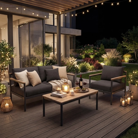 Set de lounge din aluminiu BELLANTI Bucine 3 persoane + măsuță | Negru | Teak
