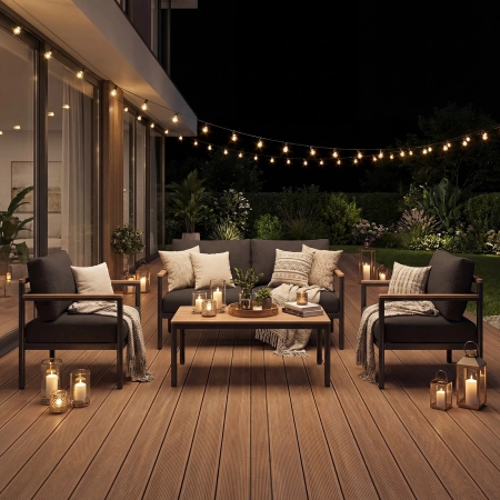 Set de relaxare din aluminiu BELLANTI Bucine pentru 4 persoane + măsuță | Negru | Teak