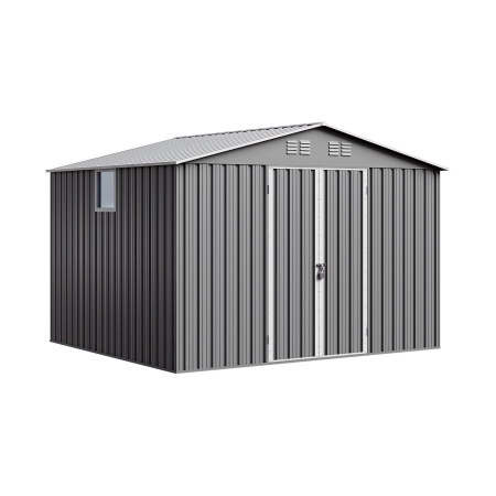 Magazie metalică pentru unelte NORDVIC Thor 283x251 cm - uși batante, Galvanizată, Acoperiș în două ape, Ventilație, Light Grey
