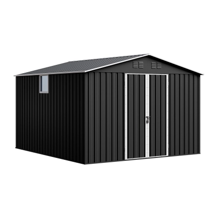 Magazie metalică pentru unelte NORDVIC Thor 283x313 cm - uși batante, galvanizată, acoperiș în două ape, ventilație, Cold Grey