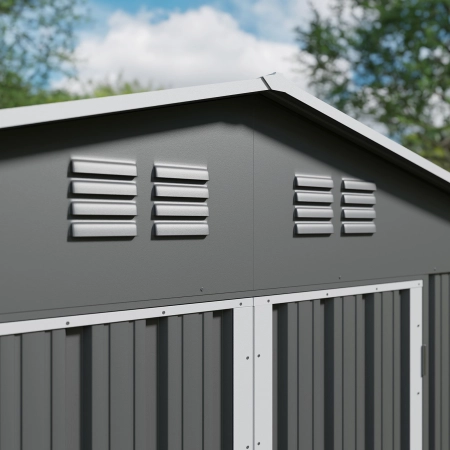 Căsuță metalică de grădină pentru unelte NORDVIC Thor 283x313 cm - uși batante, Zincată, Acoperiș în două ape, Ventilație, Light Grey