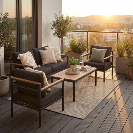Set de relaxare din aluminiu BELLANTI Bucine pentru 4 persoane + măsuță | Negru | Teak