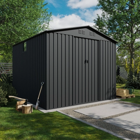 Magazie metalică pentru unelte NORDVIC Magni 283x313 cm + uși glisante 182 cm, Galvanizată, Acoperiș în două ape, Ventilație, Cold Grey