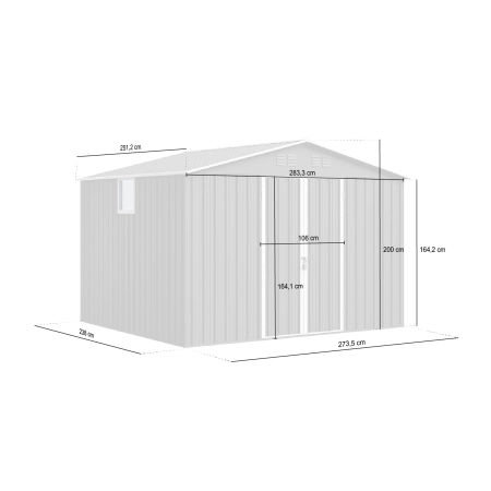 Magazie metalică pentru unelte NORDVIC Thor 283x251 cm - uși batante, galvanizată, acoperiș în două ape, ventilație, Cold Grey