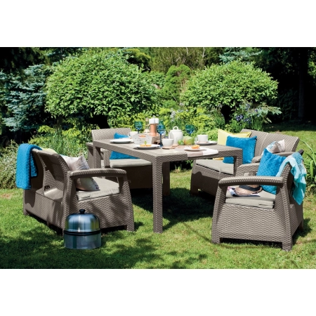 Set de mobilier de grădină Corfu Fiesta pentru 6 persoane – 2 fotolii, 2 canapele și masă mare - ratan sintetic - bej, KETER