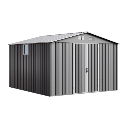 Căsuță metalică de grădină pentru unelte NORDVIC Thor 283x313 cm - uși batante, Zincată, Acoperiș în două ape, Ventilație, Light Grey