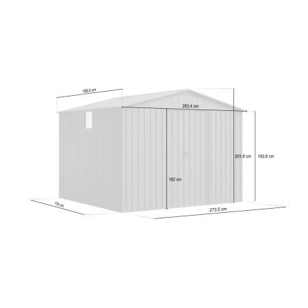 Magazie metalică pentru unelte NORDVIC Magni 283x189 cm + uși glisante 182 cm, galvanizată, acoperiș în două ape, ventilație, Cold Grey