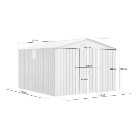 Căsuță metalică de grădină pentru unelte NORDVIC Thor 283x313 cm - uși batante, Zincată, Acoperiș în două ape, Ventilație, Light Grey