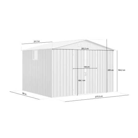 Magazie metalică pentru unelte NORDVIC Thor 283x251 cm - uși batante, Galvanizată, Acoperiș în două ape, Ventilație, Light Grey