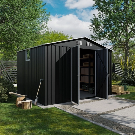 Magazie metalică pentru unelte NORDVIC Thor 283x251 cm - uși batante, galvanizată, acoperiș în două ape, ventilație, Cold Grey