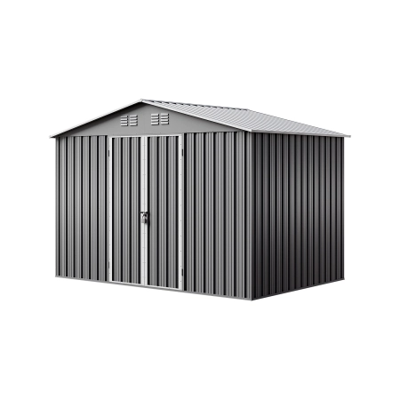 Căsuță metalică pentru unelte NORDVIC Thor 283x189 cm - uși batante, galvanizată, acoperiș în două ape, ventilație, Light Grey