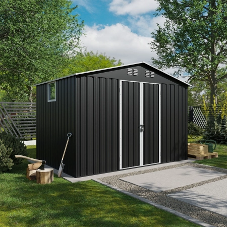 Magazie metalică pentru unelte NORDVIC Thor 283x189 cm - uși batante, Zincată, Acoperiș în două ape, Ventilație, Cold Grey