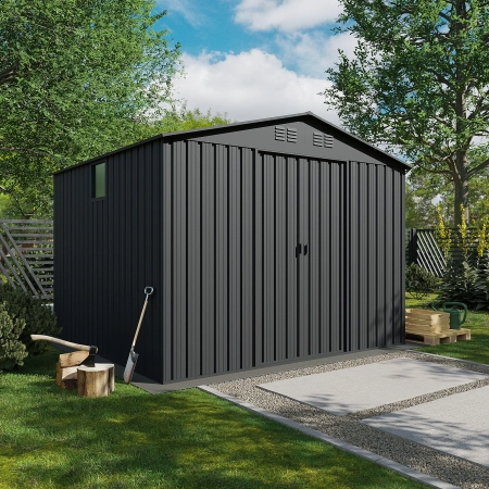 Magazie metalică pentru unelte NORDVIC Magni 283x189 cm + uși glisante 182 cm, galvanizată, acoperiș în două ape, ventilație, Cold Grey