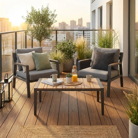 Set de relaxare din aluminiu BELLANTI Certaldo pentru 2 persoane + măsuță | Antracit | Gri | Teak