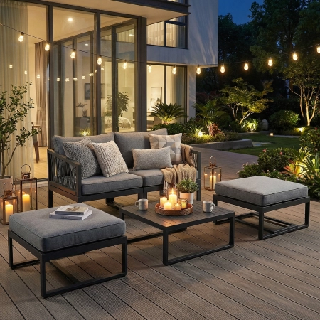 Set de relaxare din aluminiu BELLANTI Arezzo pentru 4 persoane + măsuță | Gri | Negru