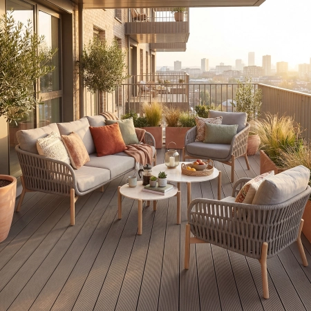 Set de relaxare din aluminiu BELLANTI Carrara pentru 5 persoane + 2 x măsuță | Bej închis
