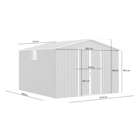 Magazie metalică pentru unelte NORDVIC Thor 283x313 cm - uși batante, galvanizată, acoperiș în două ape, ventilație, Cold Grey