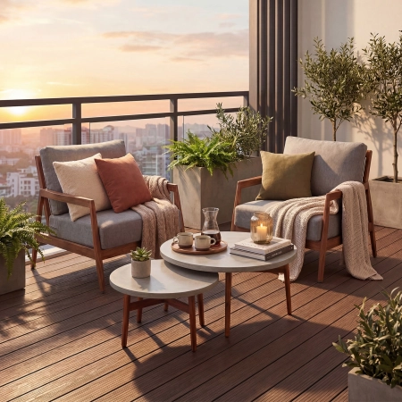 Set de relaxare din aluminiu BELLANTI Prato pentru 2 persoane + măsuță | Gri | Teak