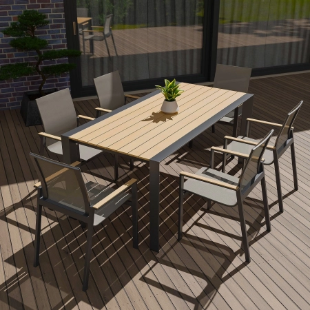 Masă pentru setul de dining de grădină BELLANTI Verona Luna | Dark Grey – masă din aluminiu cu blat din teak