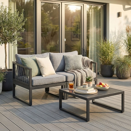 Set de relaxare din aluminiu BELLANTI Arezzo pentru 2 persoane + măsuță | Gri | Negru