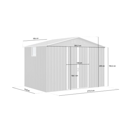 Magazie metalică pentru unelte NORDVIC Thor 283x189 cm - uși batante, Zincată, Acoperiș în două ape, Ventilație, Cold Grey