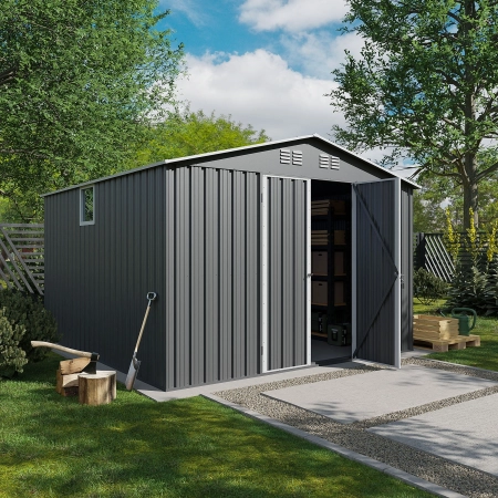 Căsuță metalică de grădină pentru unelte NORDVIC Thor 283x313 cm - uși batante, Zincată, Acoperiș în două ape, Ventilație, Light Grey