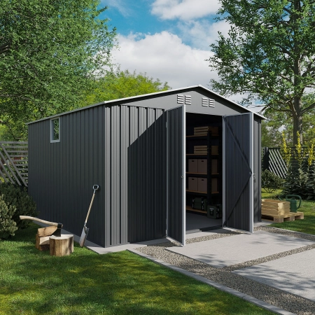 Căsuță metalică de grădină pentru unelte NORDVIC Thor 283x313 cm - uși batante, Zincată, Acoperiș în două ape, Ventilație, Light Grey