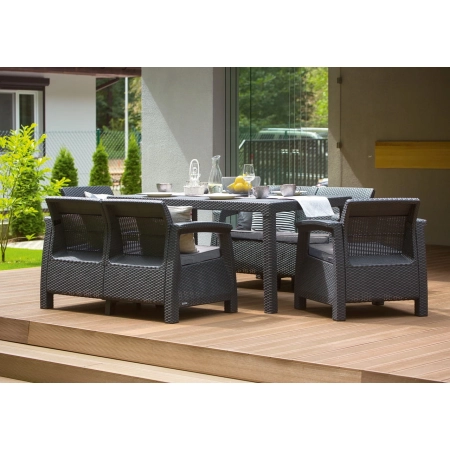 Set de mobilier de grădină Corfu Fiesta pentru 6 persoane – 2 fotolii, 2 canapele și masă mare - ratan sintetic - bej, KETER