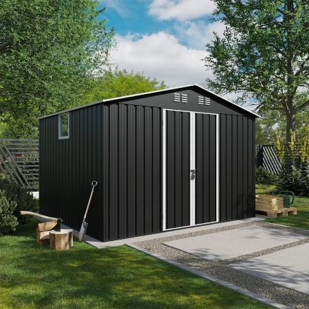 Magazie metalică pentru unelte NORDVIC Thor 283x251 cm - uși batante, galvanizată, acoperiș în două ape, ventilație, Cold Grey