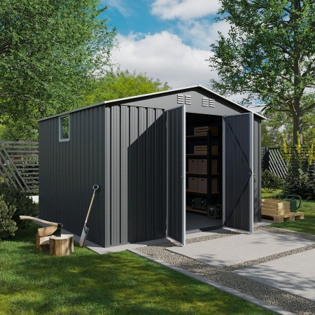 Magazie metalică pentru unelte NORDVIC Thor 283x251 cm - uși batante, Galvanizată, Acoperiș în două ape, Ventilație, Light Grey