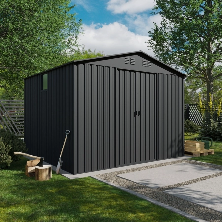 Magazie metalică pentru unelte NORDVIC Magni 283x189 cm + uși glisante 182 cm, galvanizată, acoperiș în două ape, ventilație, Cold Grey