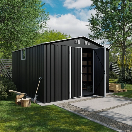 Magazie metalică pentru unelte NORDVIC Thor 283x313 cm - uși batante, galvanizată, acoperiș în două ape, ventilație, Cold Grey