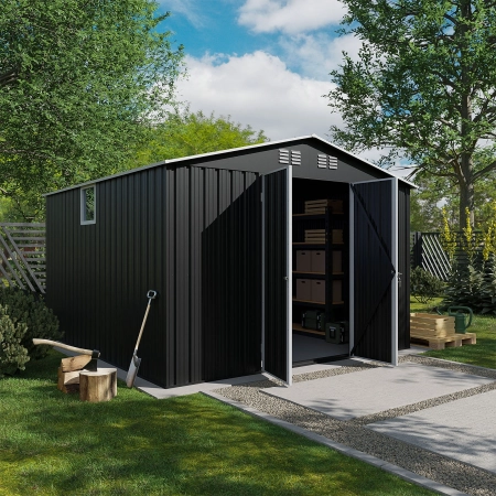 Magazie metalică pentru unelte NORDVIC Thor 283x313 cm - uși batante, galvanizată, acoperiș în două ape, ventilație, Cold Grey