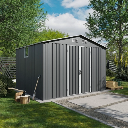 Magazie metalică pentru unelte NORDVIC Thor 283x251 cm - uși batante, Galvanizată, Acoperiș în două ape, Ventilație, Light Grey