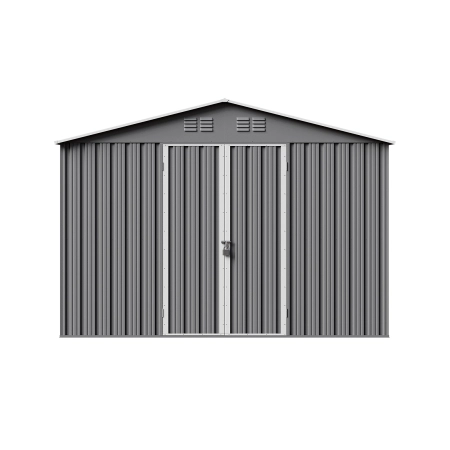 Căsuță metalică de grădină pentru unelte NORDVIC Thor 283x313 cm - uși batante, Zincată, Acoperiș în două ape, Ventilație, Light Grey