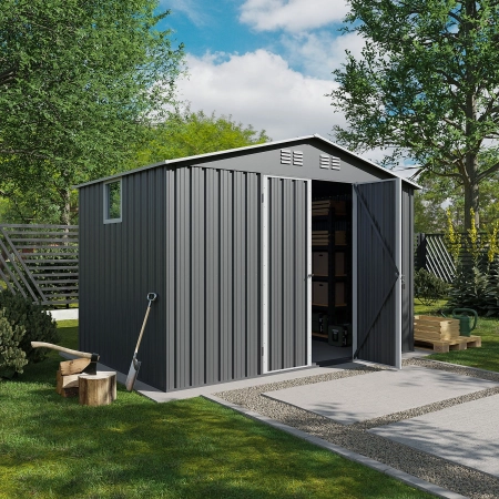 Căsuță metalică pentru unelte NORDVIC Thor 283x189 cm - uși batante, galvanizată, acoperiș în două ape, ventilație, Light Grey