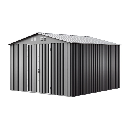 Căsuță metalică de grădină pentru unelte NORDVIC Thor 283x313 cm - uși batante, Zincată, Acoperiș în două ape, Ventilație, Light Grey