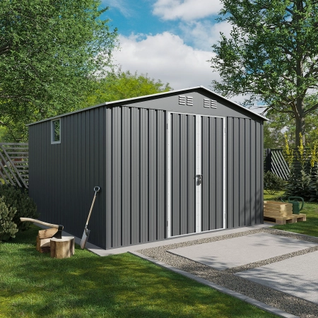 Căsuță metalică de grădină pentru unelte NORDVIC Thor 283x313 cm - uși batante, Zincată, Acoperiș în două ape, Ventilație, Light Grey