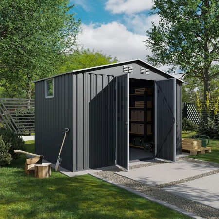 Căsuță metalică pentru unelte NORDVIC Thor 283x189 cm - uși batante, galvanizată, acoperiș în două ape, ventilație, Light Grey