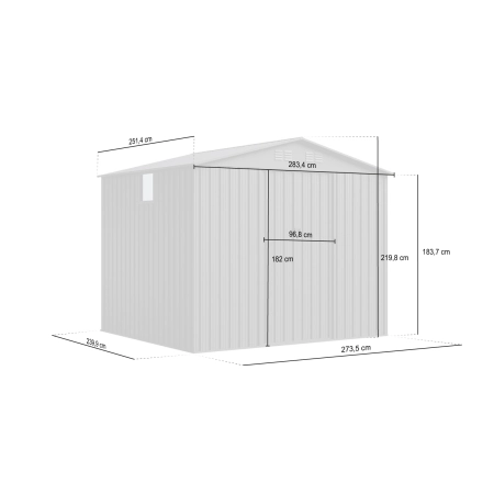 Magazie metalică pentru unelte NORDVIC Magni 283x251 cm + Uși glisante 182 cm, Zincată, Acoperiș în două ape, Ventilație, Cold Grey