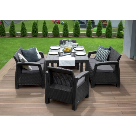 Set de mobilier de grădină Corfu Fiesta pentru 6 persoane – 2 fotolii, 2 canapele și masă mare - ratan sintetic - bej, KETER