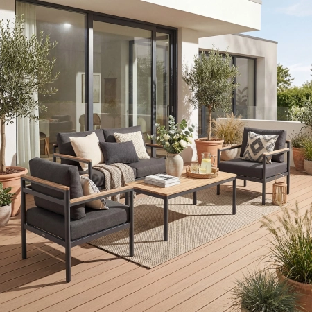Set de relaxare din aluminiu BELLANTI Bucine pentru 4 persoane + măsuță | Negru | Teak