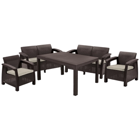 Set de mobilier de grădină Corfu Fiesta pentru 6 persoane – 2 fotolii, 2 canapele și masă mare - ratan sintetic - maro, KETER